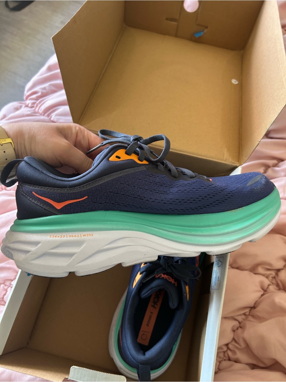 Hoka Bondi 8 Blue Box with Mint and Coral Shoe Graphic